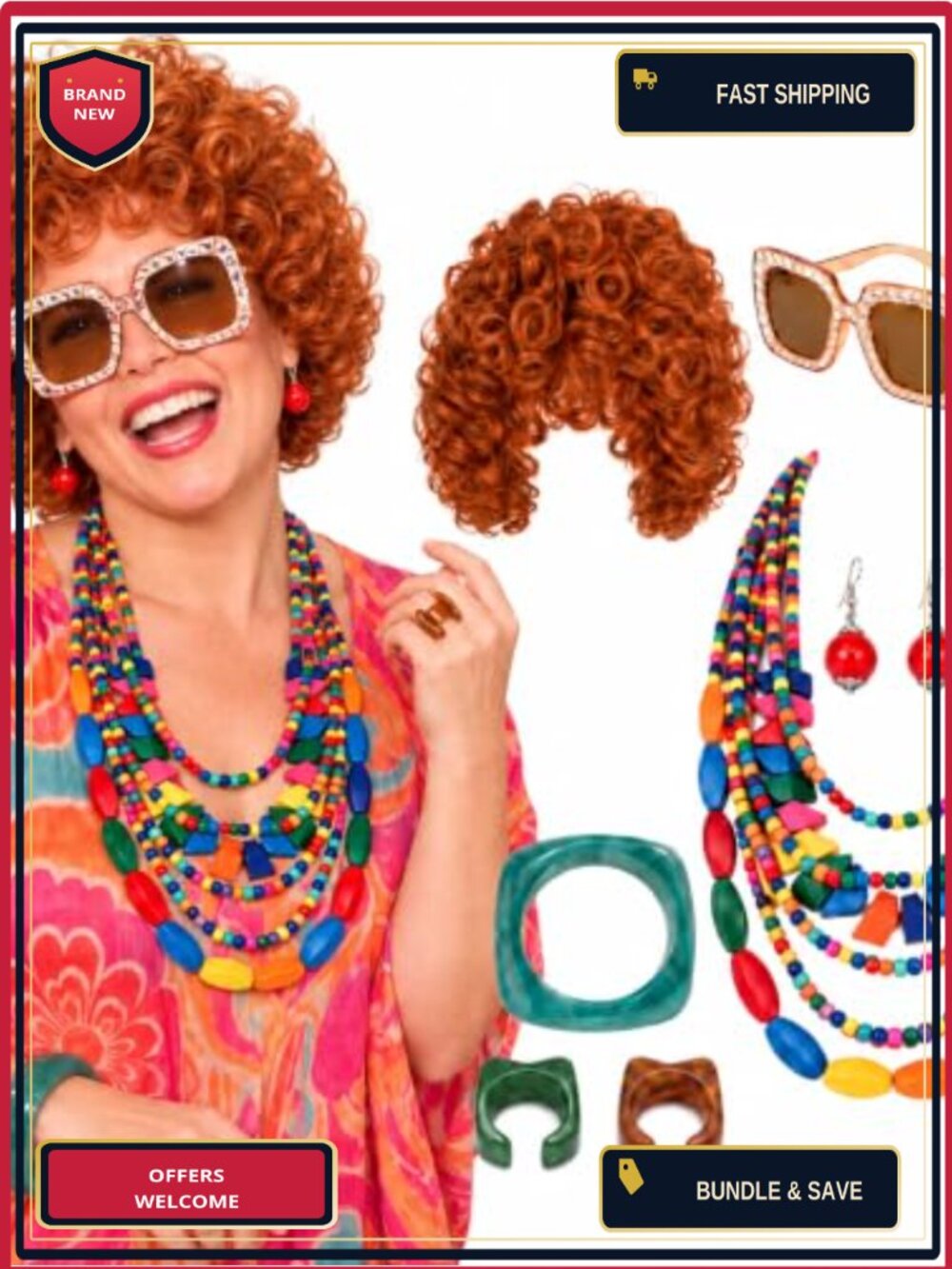 7 Pc 70s Landlady Costume Accessory Set Curly Wig Jewelry Sunglasses